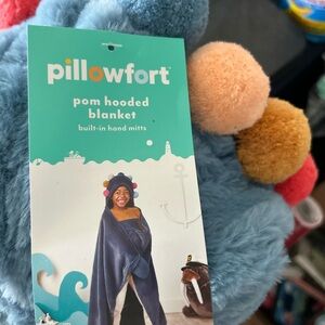 Pillowfort Blue Hooded Blanket with Colorful Poms